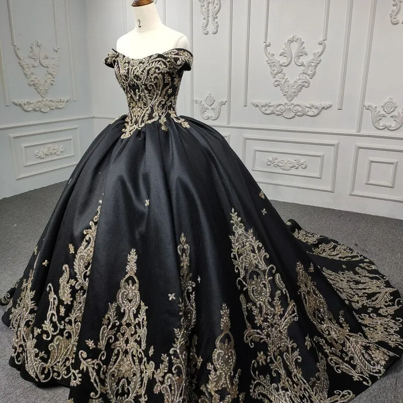 2 in 1 Black Ball Gown Luxury Dress with gold flower applique Quinceanera