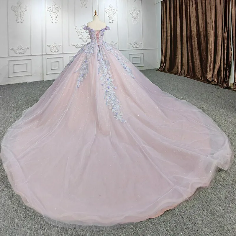 3D Flower applique ball gown purple shinny shimmery evening gala quinceanera dress