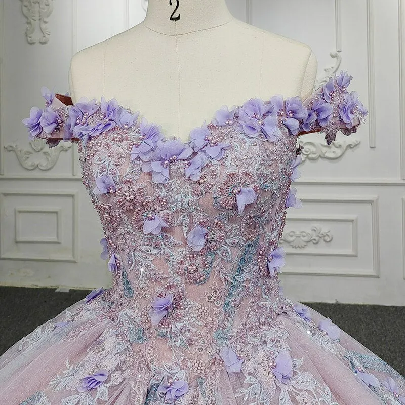 3D Flower applique ball gown purple shinny shimmery evening gala quinceanera dress