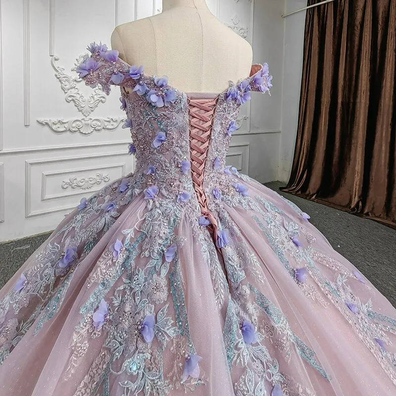 3D Flower applique ball gown purple shinny shimmery evening gala quinceanera dress