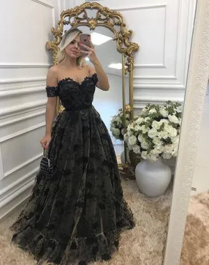 A-line black lace off shoulder formal long prom dresses, PD6847