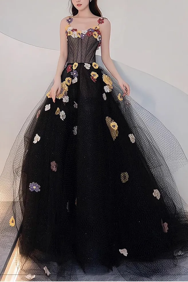 A Line Black Tulle Prom Dress with Flowers Puffy Quinceanera Dresses UQP0226