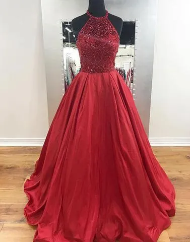 A-line red satin beaded top halte long prom dresses, PD5788