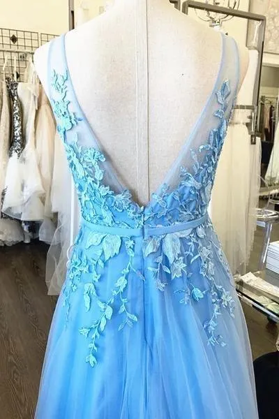 A Line V Neck Light Blue Lace Tulle Prom Dresses Evening Dresses PSK031