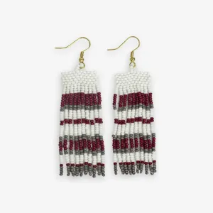 Adaline Horizontal Stripes Beaded Fringe Earrings in Crimson, Gray & White