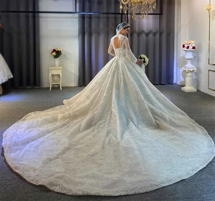 All Pearl Beaded Luxury Couture Ball Gown Wedding Dress Long sleeves lace wedding dress with royal long train