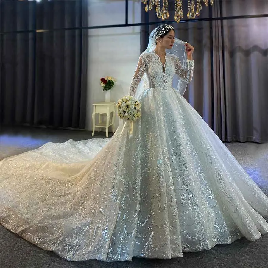 All Pearl Beaded Luxury Couture Ball Gown Wedding Dress Long sleeves lace wedding dress with royal long train