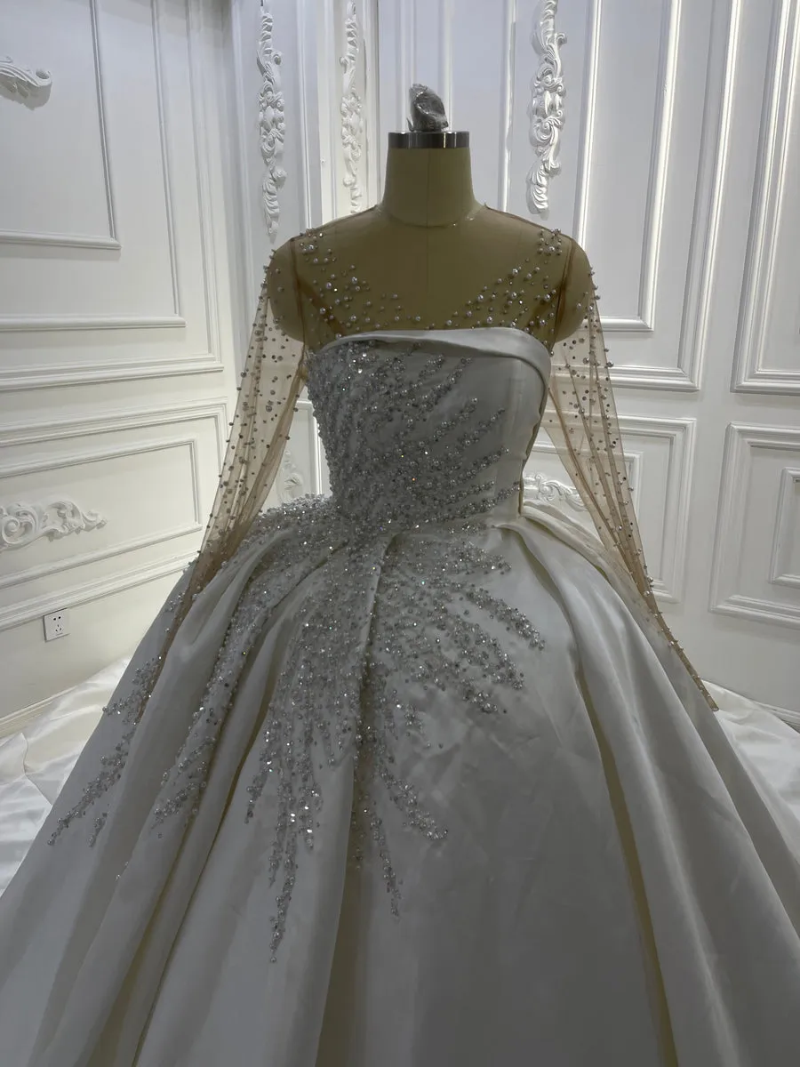 AM1044 Full Sleeve Lace Pearl beaded Satin Ball Gown Luxury Wedding Dress