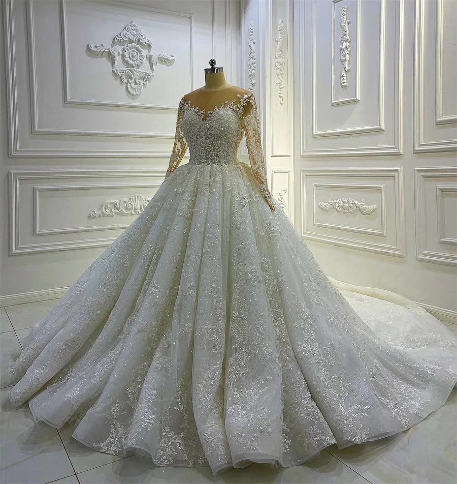 AM1048 Long Sleeve Lace Appliques Luxury illuision neckline Wedding Dress