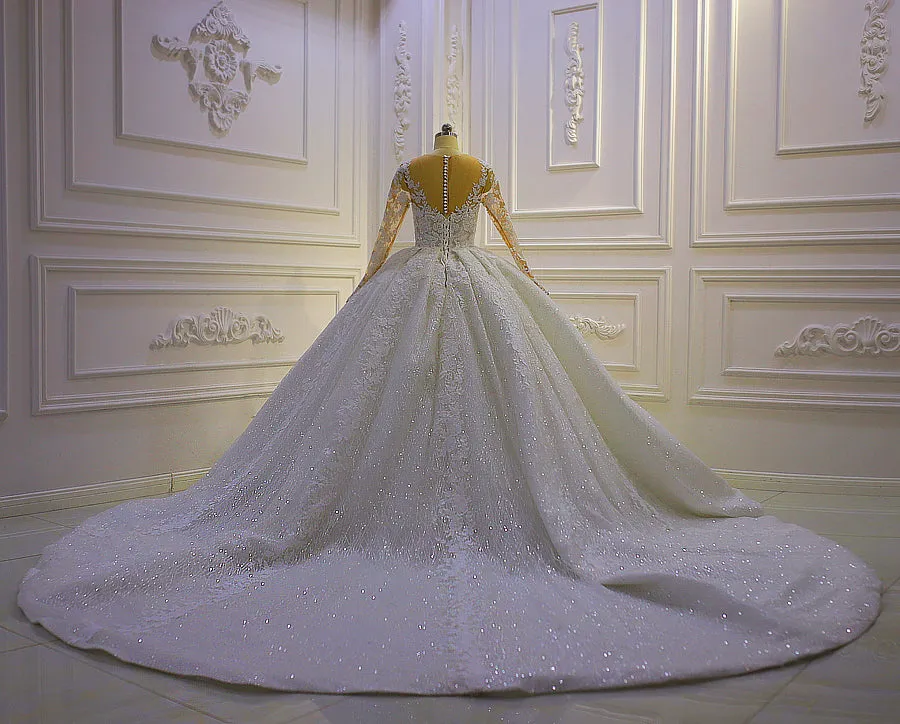 AM1067 High End Long Sleeve Lace Appliques Ball Gown Wedding Dress