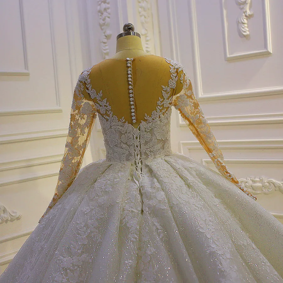 AM1067 High End Long Sleeve Lace Appliques Ball Gown Wedding Dress