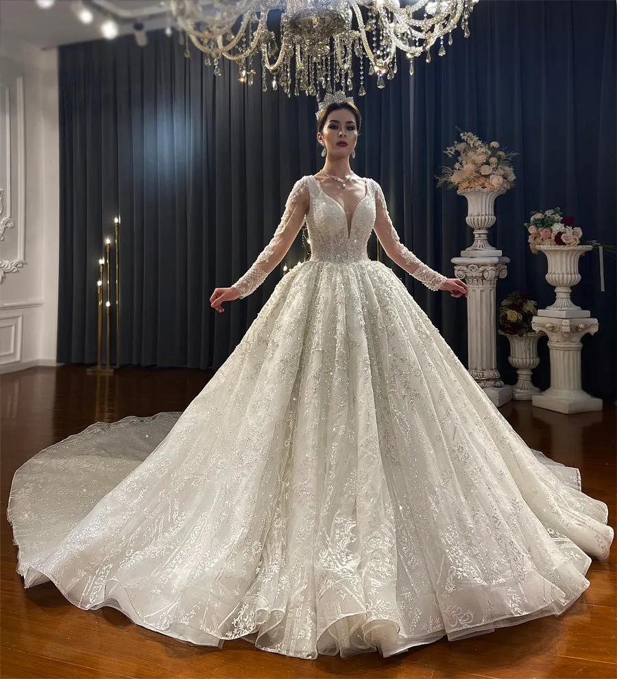 AM1121 Long Sleeve Ball Gown  hand made Luxury Wedding Dress