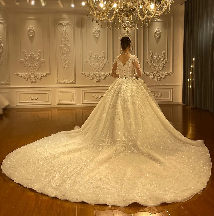 AM1121 Long Sleeve Ball Gown  hand made Luxury Wedding Dress