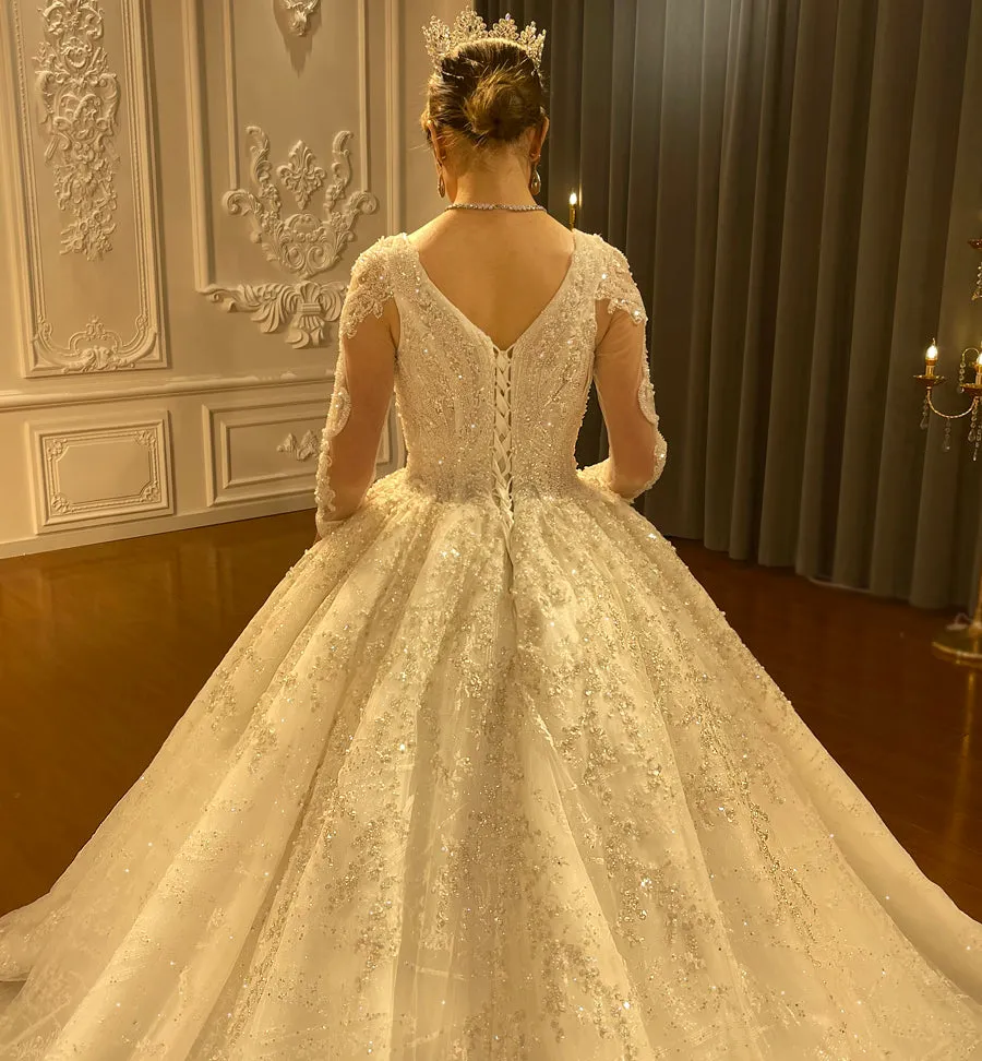 AM1121 Long Sleeve Ball Gown  hand made Luxury Wedding Dress