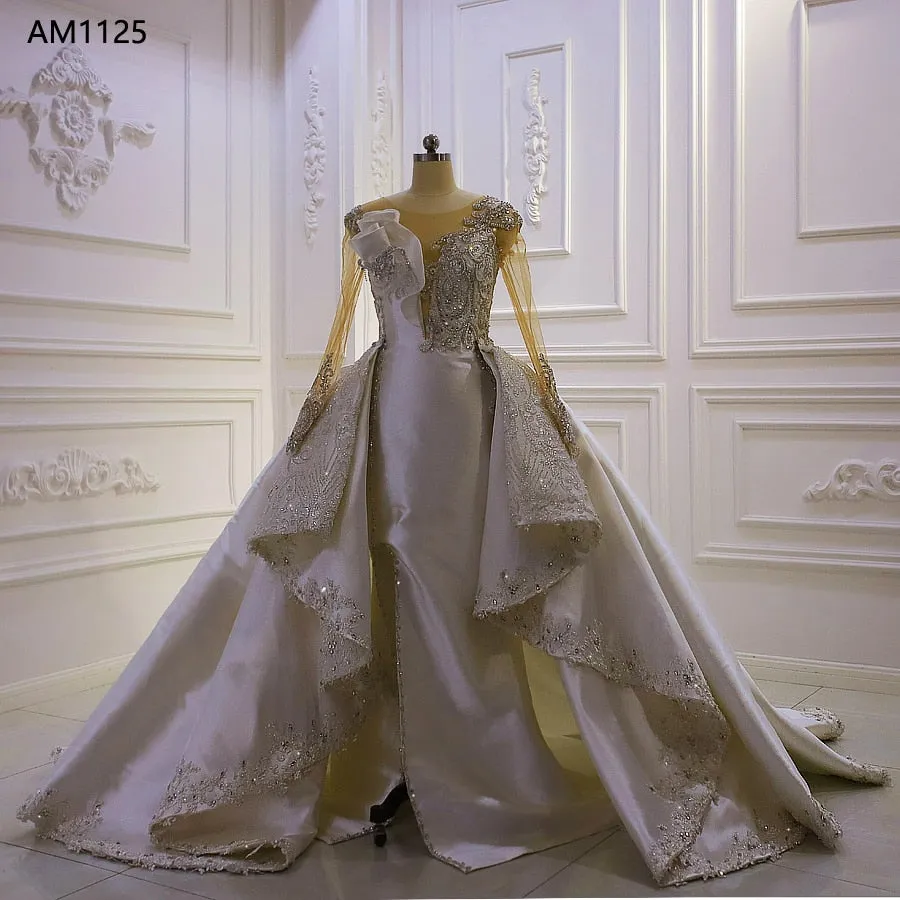 AM1125 Long Sleeve 2 in 1 detachable train Glitter crystal applique Luxury Wedding Dress