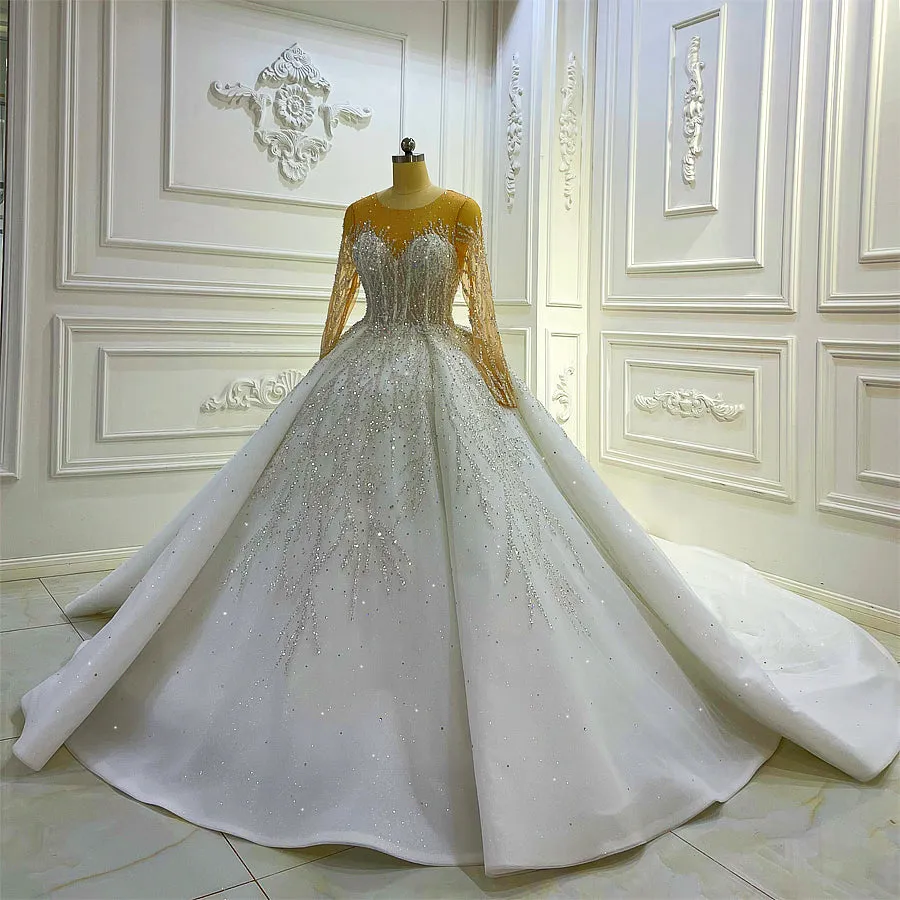 AM1128 Long Sleeve Sheer luxury ball gown Wedding Dress