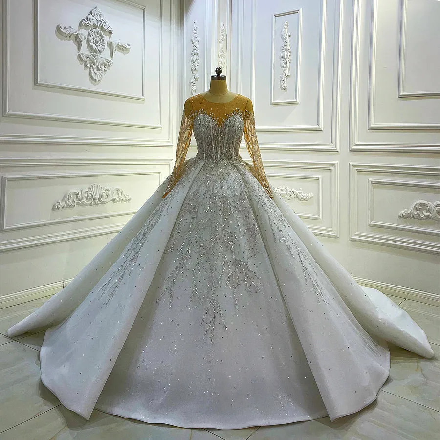 AM1128 Long Sleeve Sheer luxury ball gown Wedding Dress