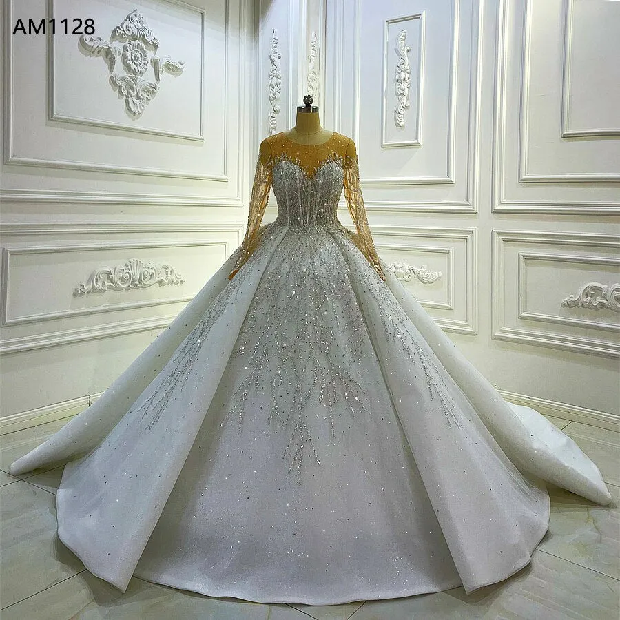 AM1128 Long Sleeve Sheer luxury ball gown Wedding Dress