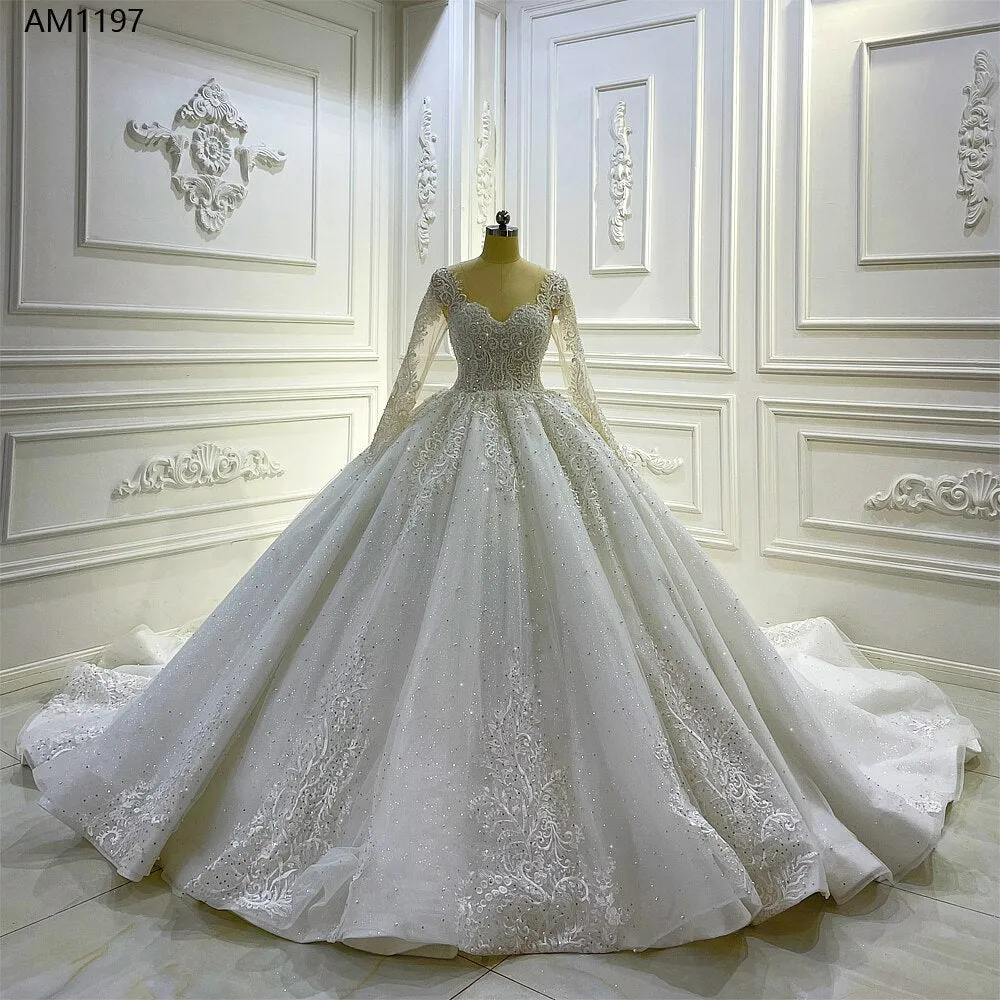 AM1168 Long Sleeve Lace Champagne Luxury Wedding Dress