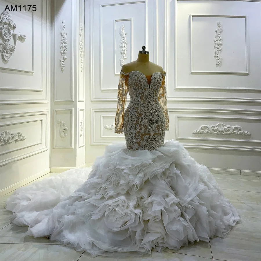 AM1175 Long Sleeve Mermaid Champagne Luxury Trumpet Wedding Dress