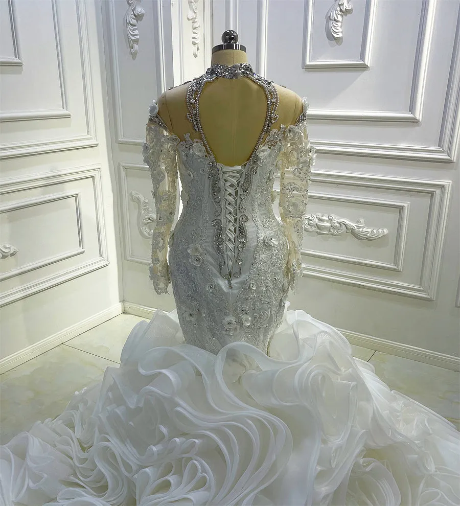 AM1178 High Neck 3D Flowers Swarovski crystal beaded luxury Wedding Dress