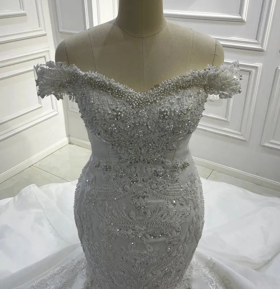 AM1199 Off Shoulder Beaded Mermaid pearl beaded hand made Luxury Wedding Dress