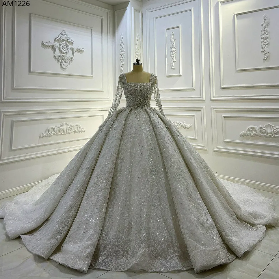 AM1226 Square Neckline Long Sleeve Luxury Ball gown Wedding Dress