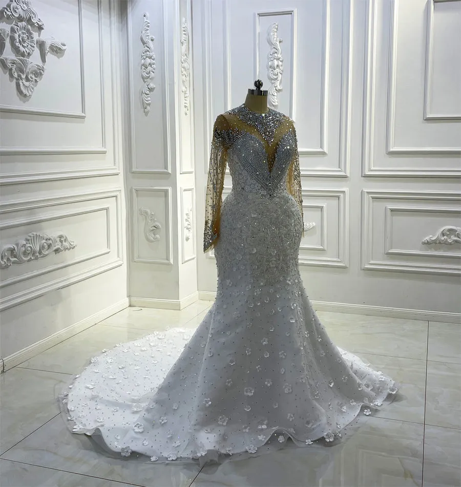 AM1257 Luxury 2 In 1 Rhinestone Crystal 3D Flowers Luxury Wedding Dress