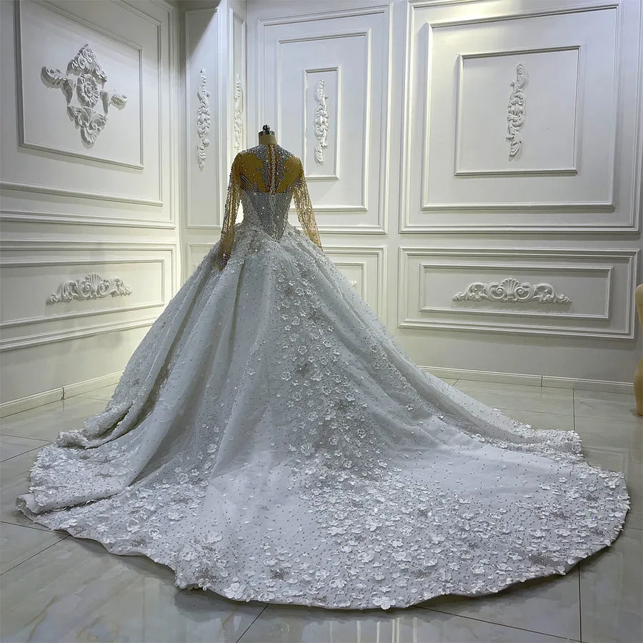 AM1257 Luxury 2 In 1 Rhinestone Crystal 3D Flowers Luxury Wedding Dress