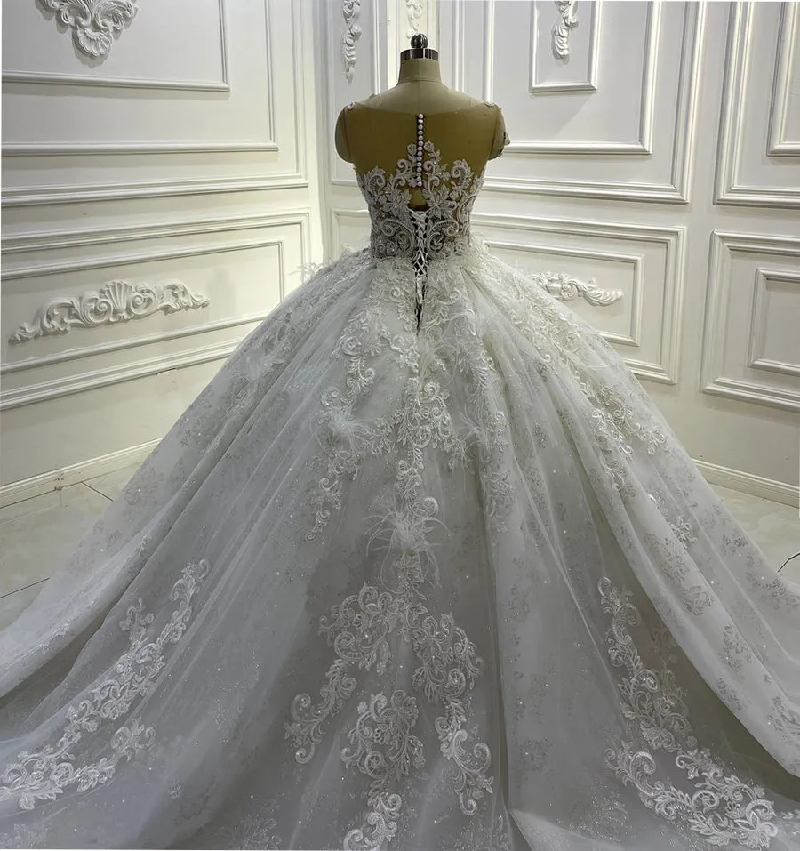 AM1269 Cap Sleeve Sheer  lace embroidery pearl beaded Wedding Dress royal train luxury wedding dress