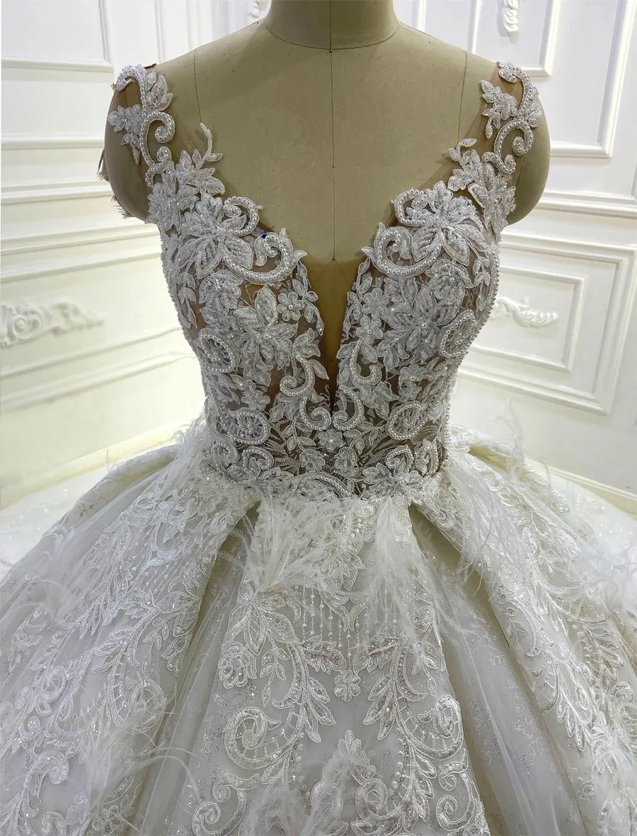 AM1269 Cap Sleeve Sheer  lace embroidery pearl beaded Wedding Dress royal train luxury wedding dress