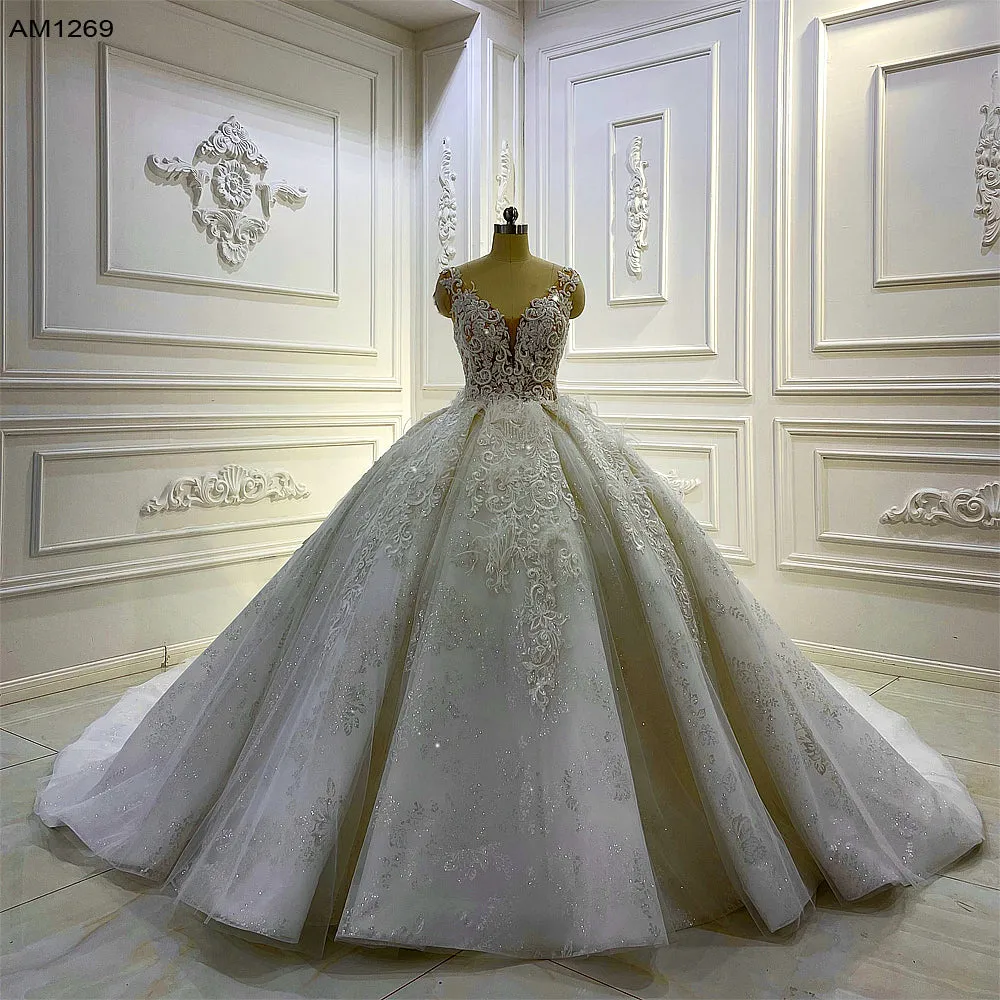 AM1269 Cap Sleeve Sheer  lace embroidery pearl beaded Wedding Dress royal train luxury wedding dress