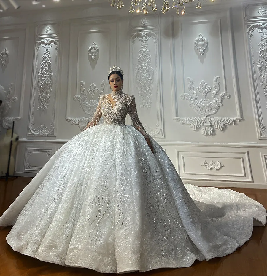 AM1355 High Neck Sequin Lace Long Sleeve Ball Gown Luxury Wedding Dress