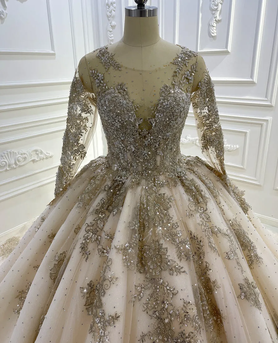 AM1359 Champagne V-neck Long Sleeve Full Beading Ball Gown Wedding Dress