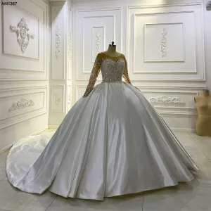 AM1367 Luxury Long Sleeve Sweetheart Stain Ball Gown Wedding Dress