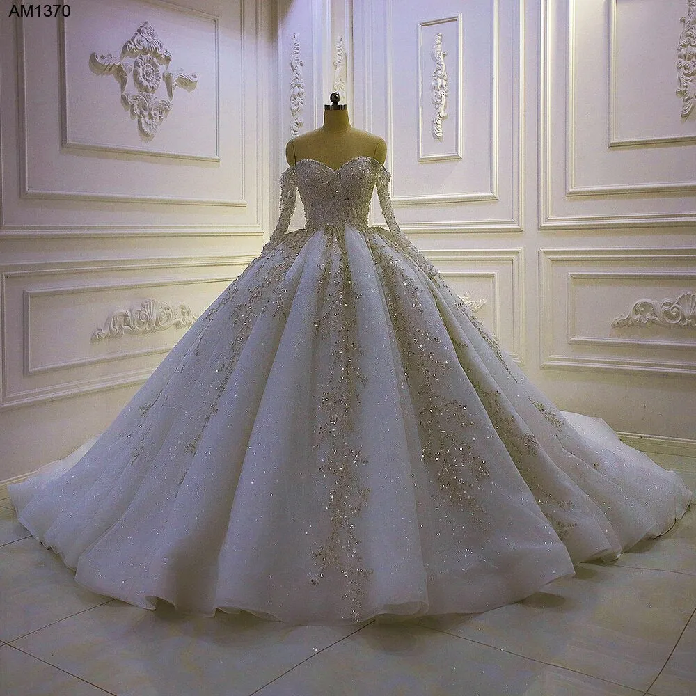 AM1370 Off The Shoulder Sweetheart Long Sleeve Full lace Ball Gown luxury Wedding Dress