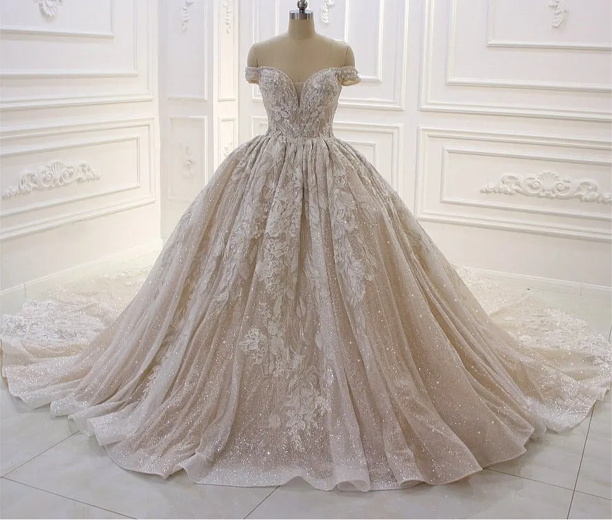 AM192 Off Shoulder Lace Applique Shiny ball gown Wedding Dress