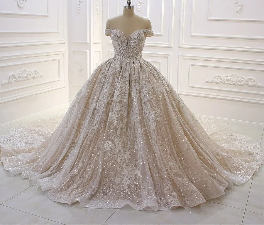 AM192 Off Shoulder Lace Applique Shiny ball gown Wedding Dress