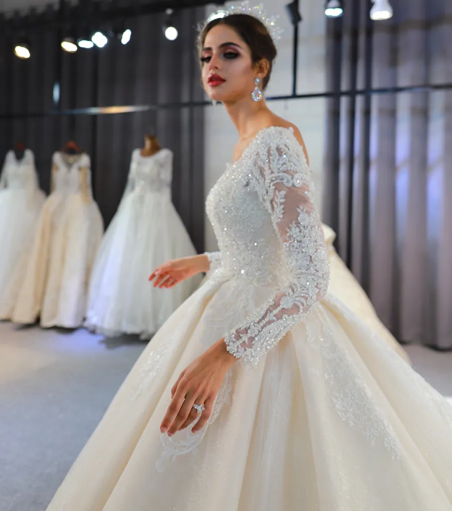 AM401 Long sleeve ball gown lace applique shiny v neck luxury wedding dress