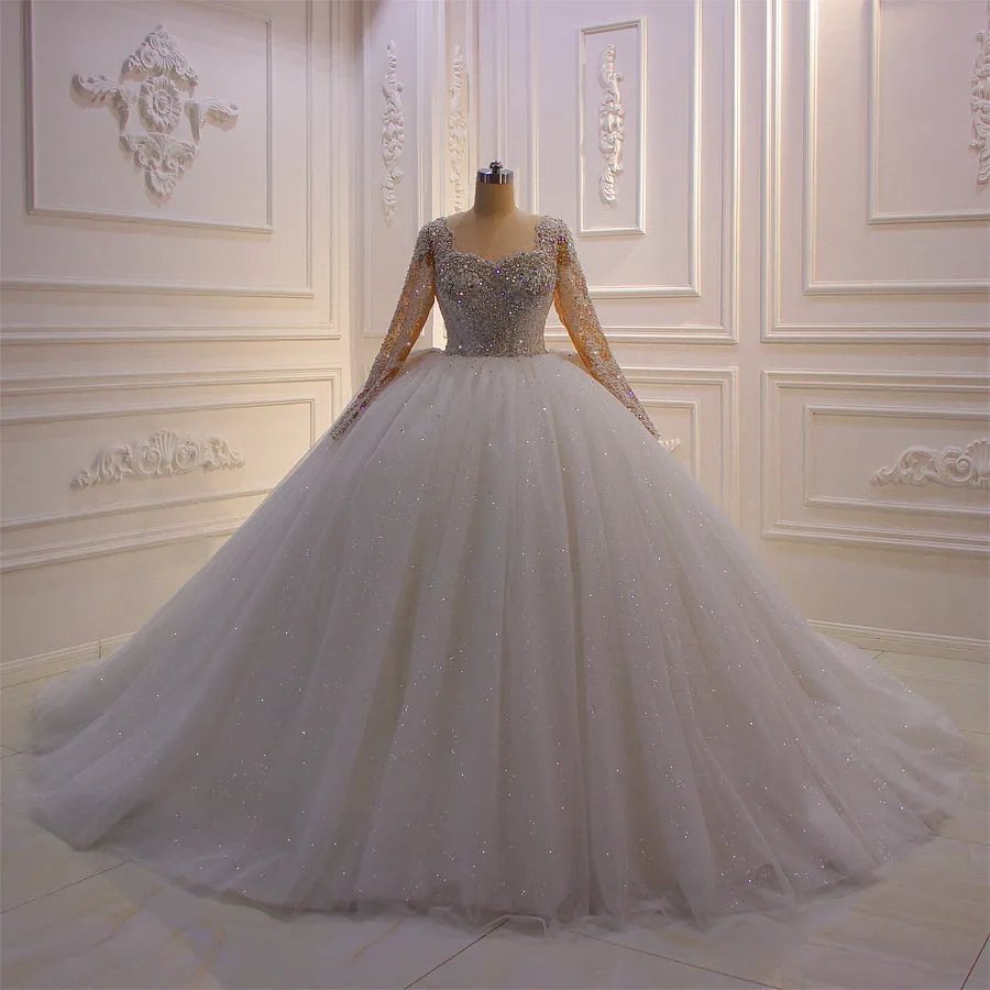 AM516 Full Sleeve crystal beading Appliqued Crystal Square Neckline Ball gown Wedding Dress