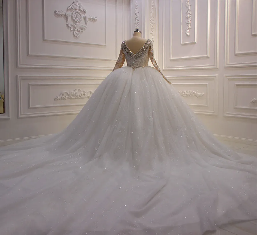 AM516 Full Sleeve crystal beading Appliqued Crystal Square Neckline Ball gown Wedding Dress