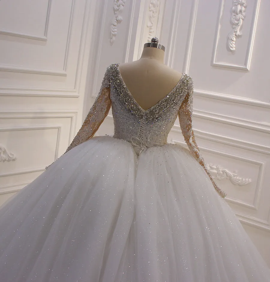 AM516 Full Sleeve crystal beading Appliqued Crystal Square Neckline Ball gown Wedding Dress