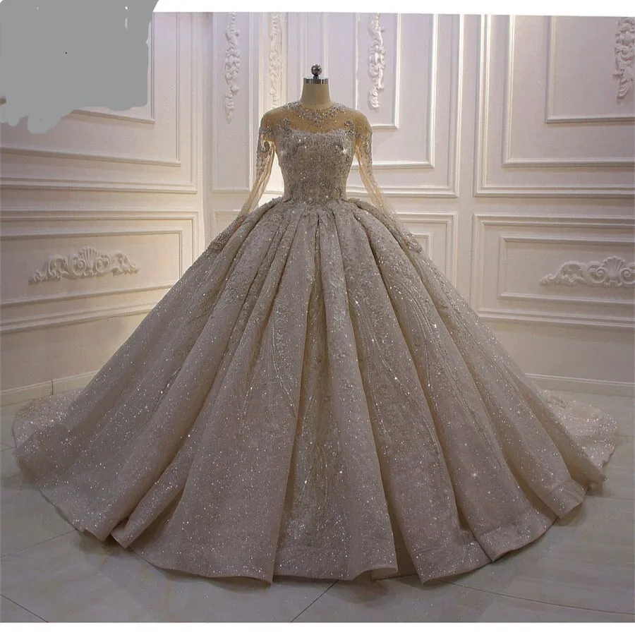 AM557 Luxury Long Sleeves Lace Appliques crystal Rhinestone Wedding Dress