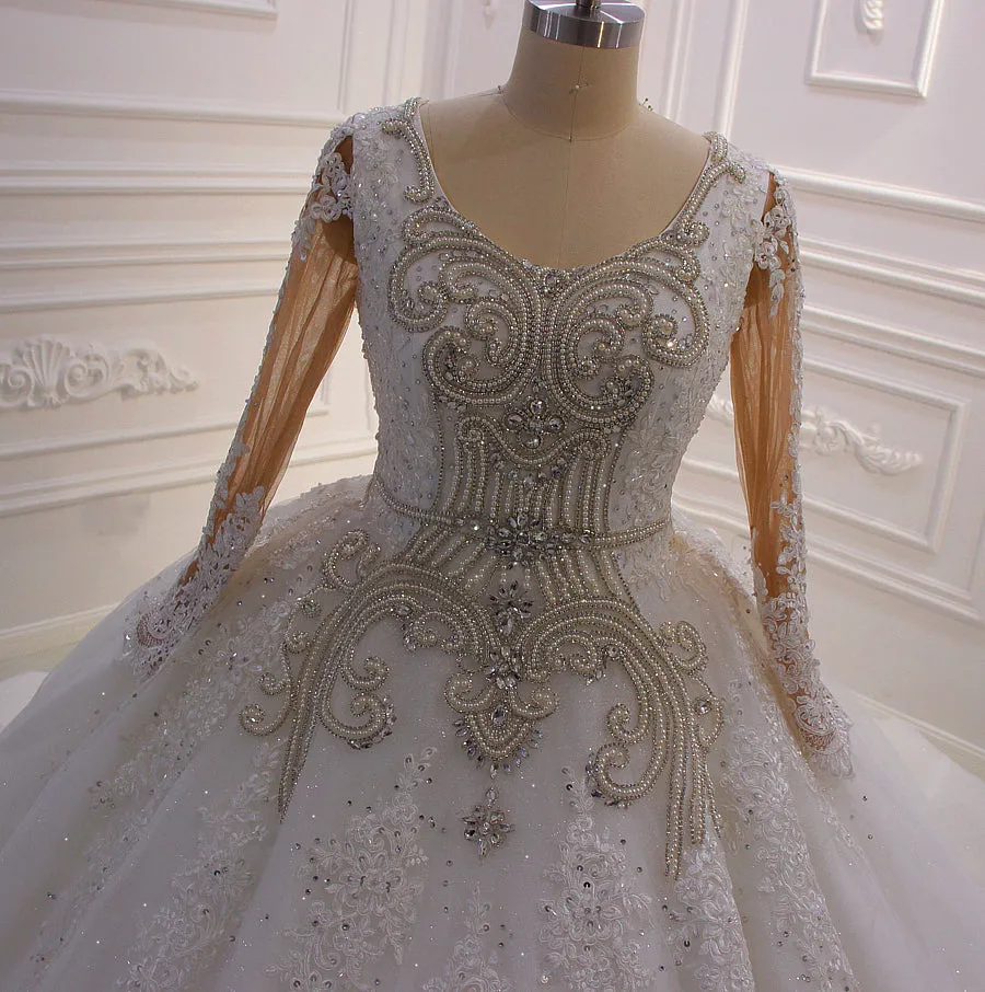 AM583 Long Sleeve Lace Rhinestones Ball gown Wedding Dress