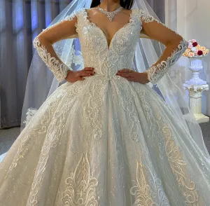 AM622 Long Sleeve Glitter Ball Gown Custom Wedding Dress