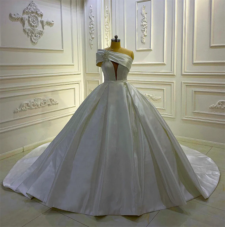 AM747 Off Shoulder Crystal Satin Ball Gown Wedding Dress