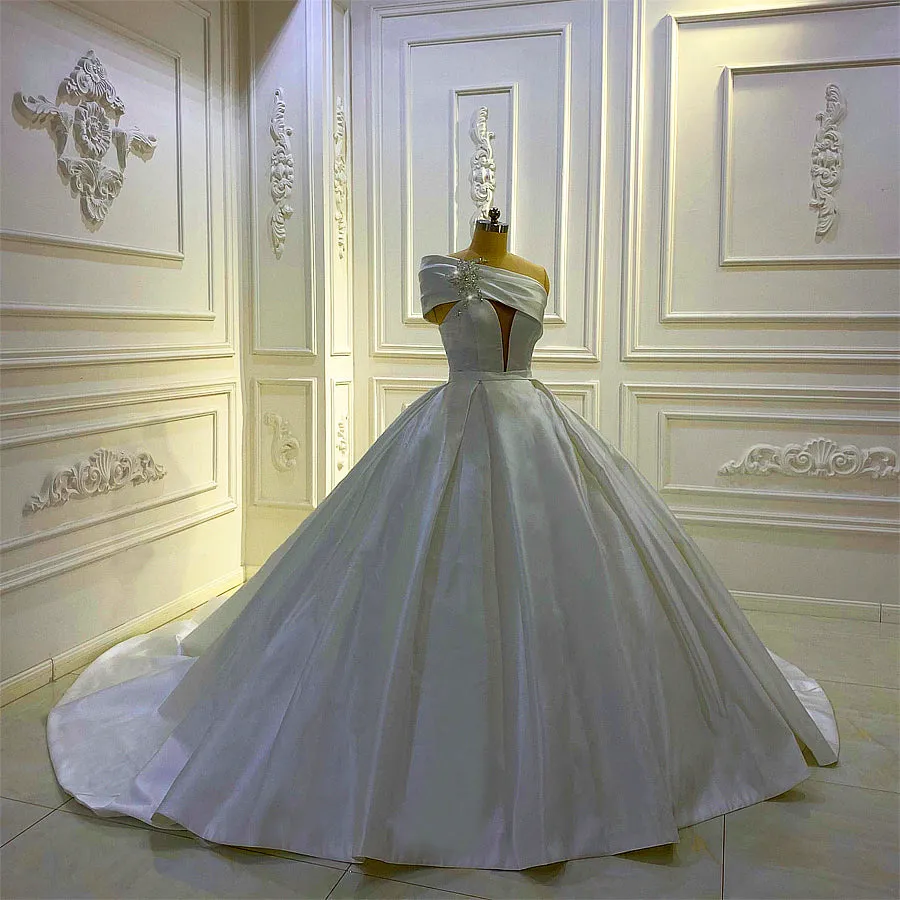 AM747 Off Shoulder Crystal Satin Ball Gown Wedding Dress