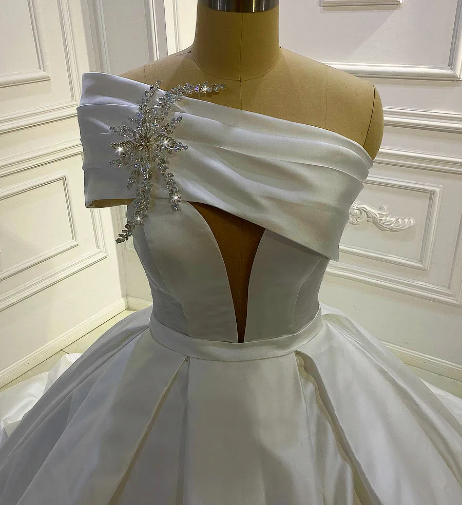 AM747 Off Shoulder Crystal Satin Ball Gown Wedding Dress