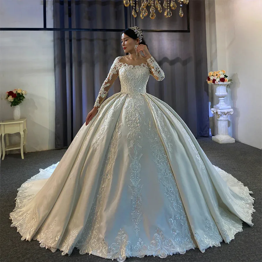 AM760 Luxury Haute Couture Satin with Lace Applique Ball Gown wedding dress