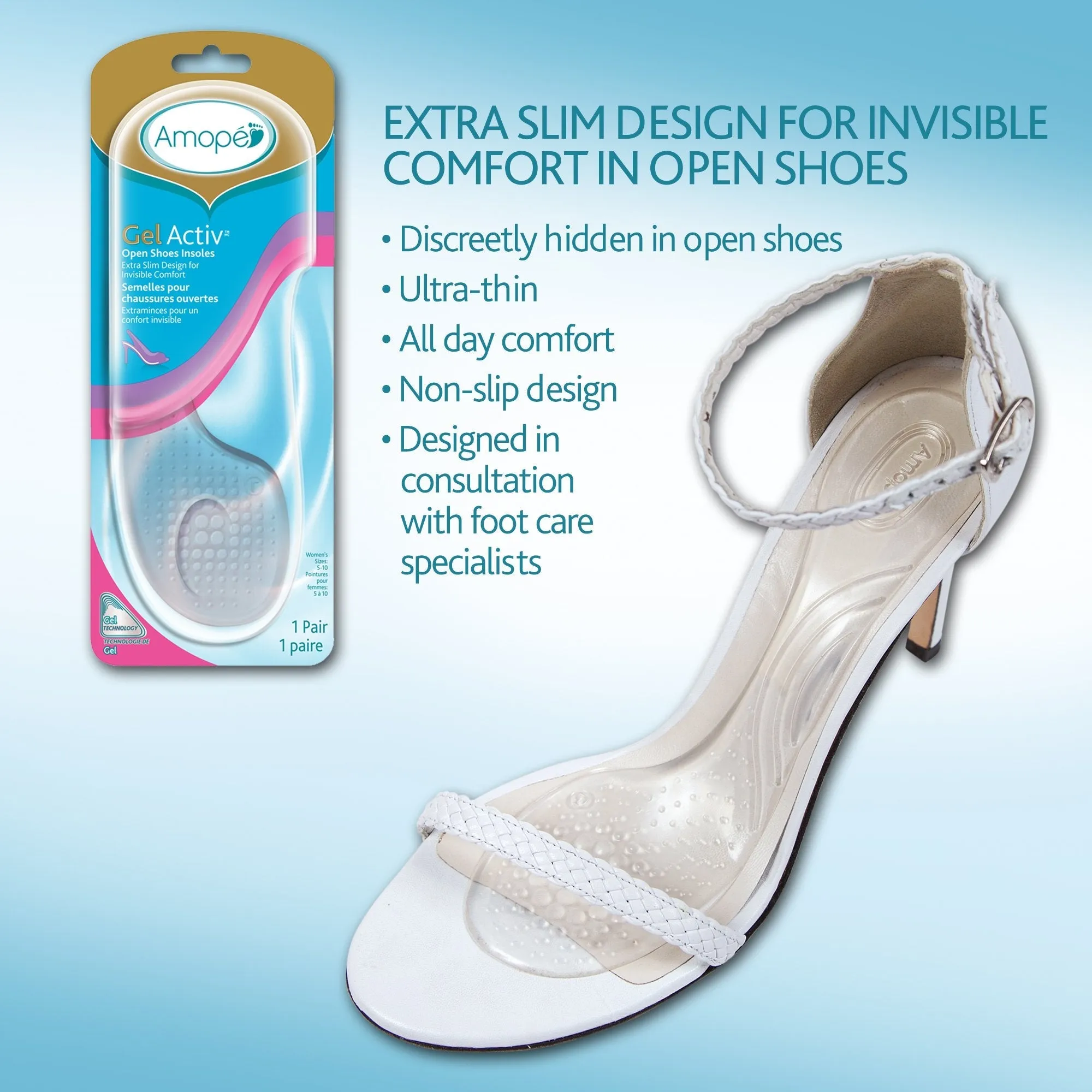 Amope GelActiv Open Shoes Insoles for Women, 1 pair, Size 5-10